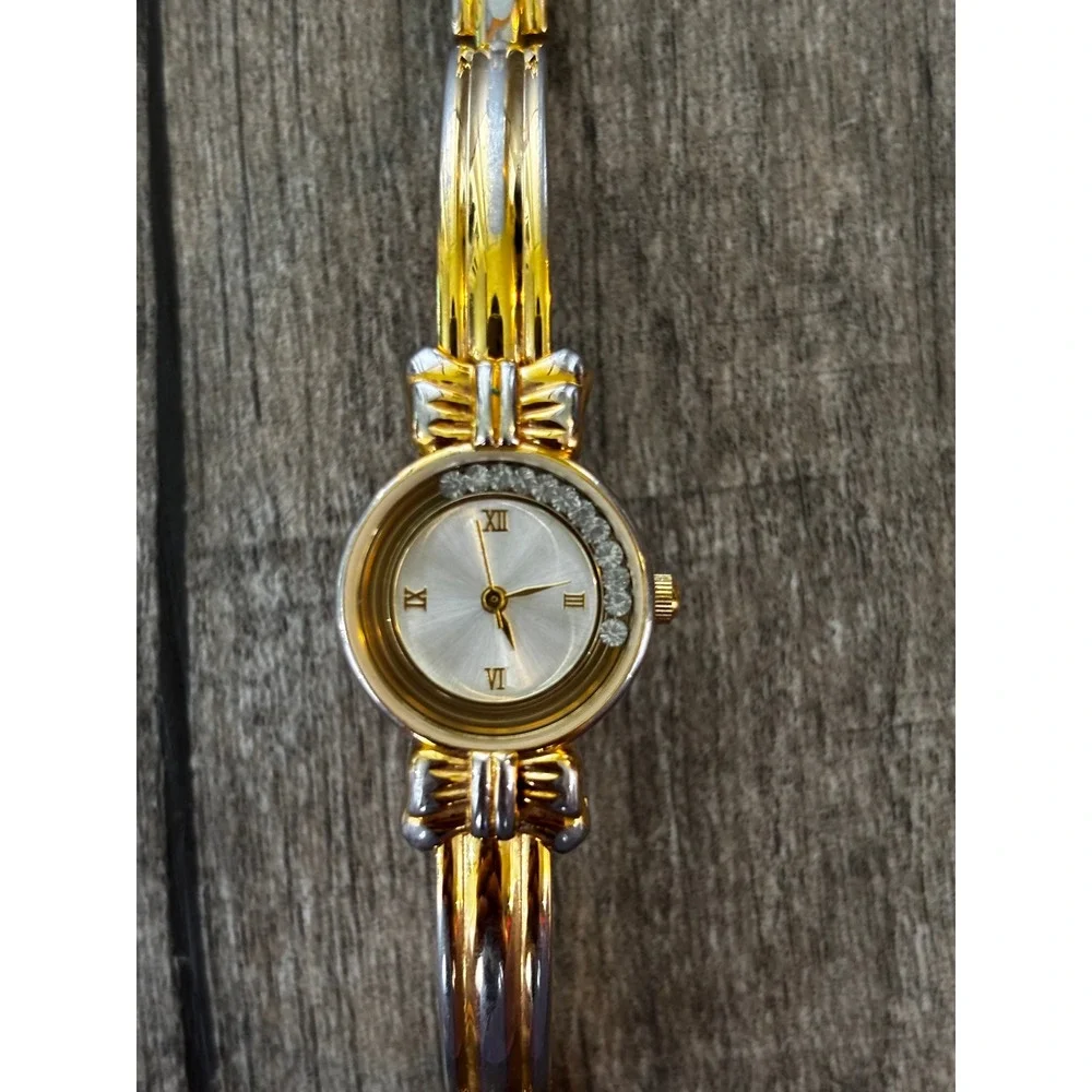 Vintage Two Tone Gold Silver Women‎ Watch Crystal Accent Roman Numeral AV021-04